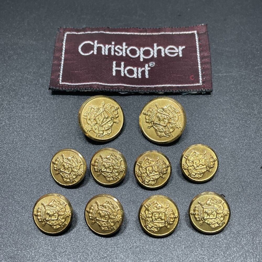 10 Vtg Christopher Hart Gold Tone Metal Blazer Buttons 2-Lg 8-Sm Embossed Crest